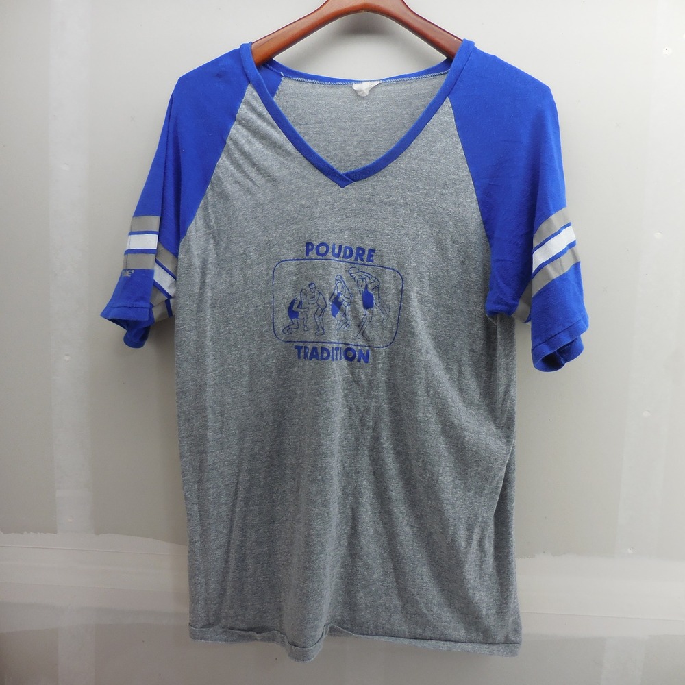 Vintage Bike Poudre Tradition Wrestling Raglan T-Shirt V-Neck Blue Gray XL